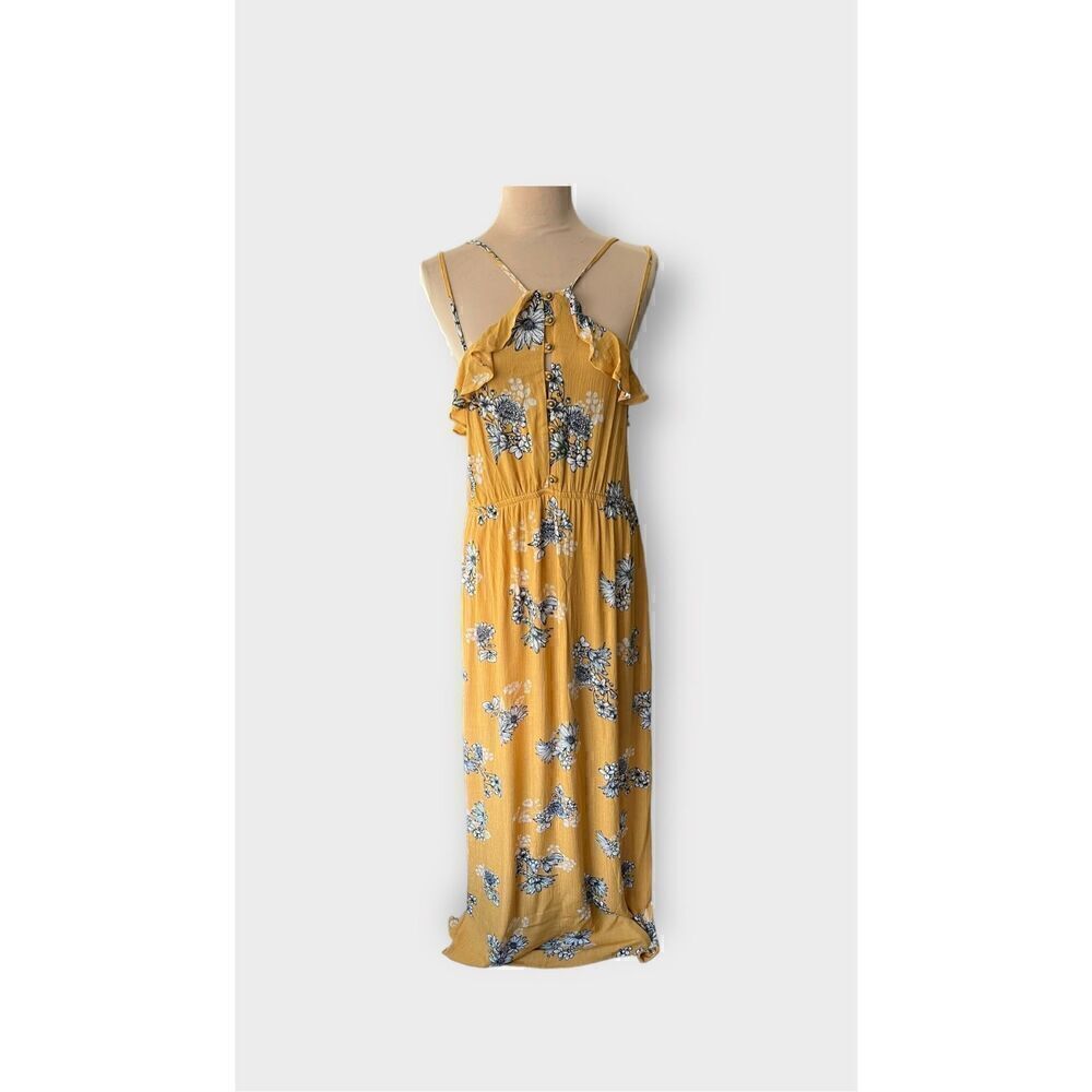 Jolt Women's L Halter Strap Ruffle Front Maxi Dress Yellow Floral Print Coastal